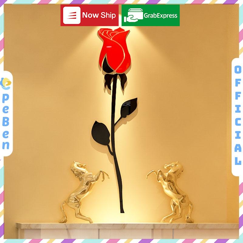 Tranh dán tường mica 3d decor khổ lớn bông hoa hồng trang trí phòng khách, phòng ngủ, phòng cưới Nhiều Size - EPeBen