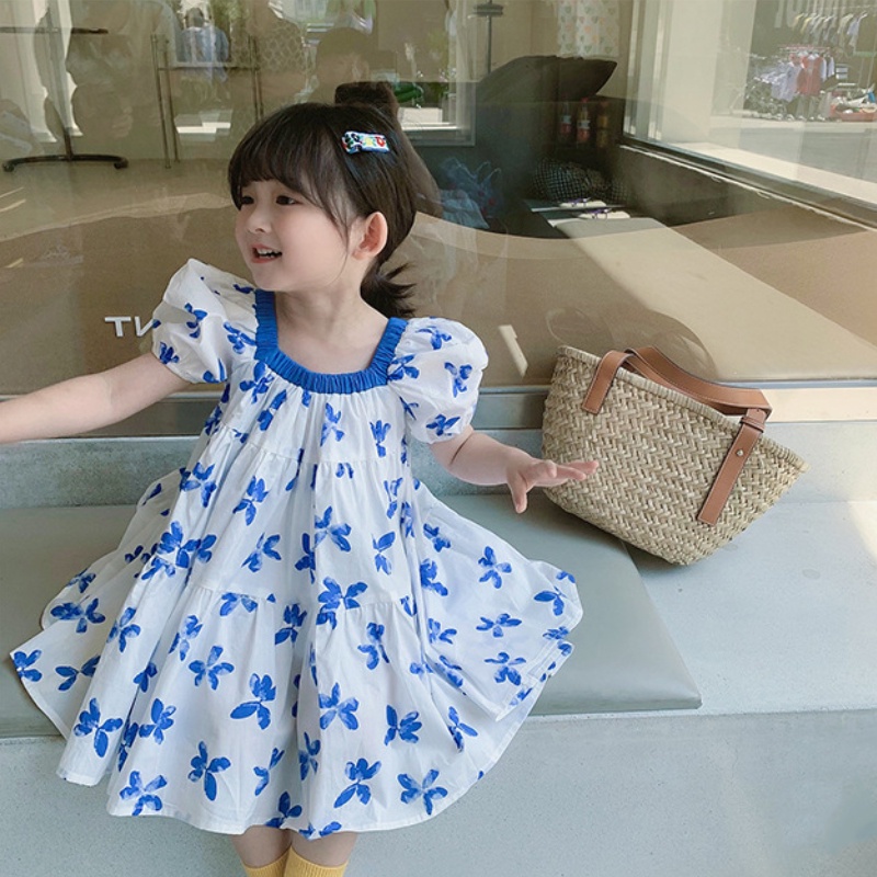 váy cho bé gái Đầm Tay Phồng Cổ Vuông Họa Tiết Bướm Xanh Thời Trang Mùa Hè Cho Bé Gái 1-6 Tuổi