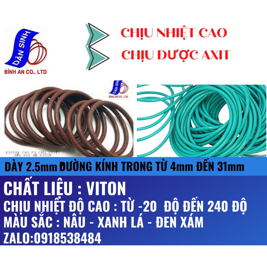 Dày 2.5mm,Đường kính trong 4mm đến 31mm ,Gioăng VITON/FKM chịu nhiệt cao