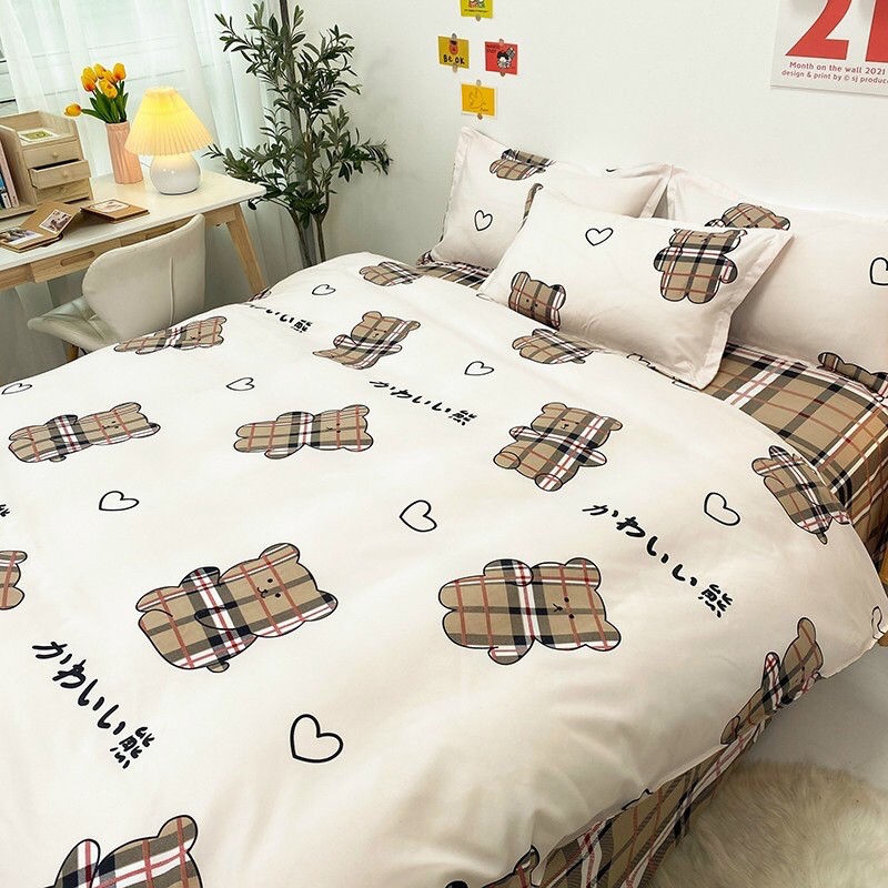 Bộ chăn ga gối cotton poly- mẫu gấu xinh (luis bedding shop miễn phí bo chun )