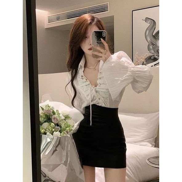 Đầm Da Cổ Chữ v Tay Loe Phối Dây Rút Phong Cách Pháp Thời Trang Mùa Thu Cho Nữ