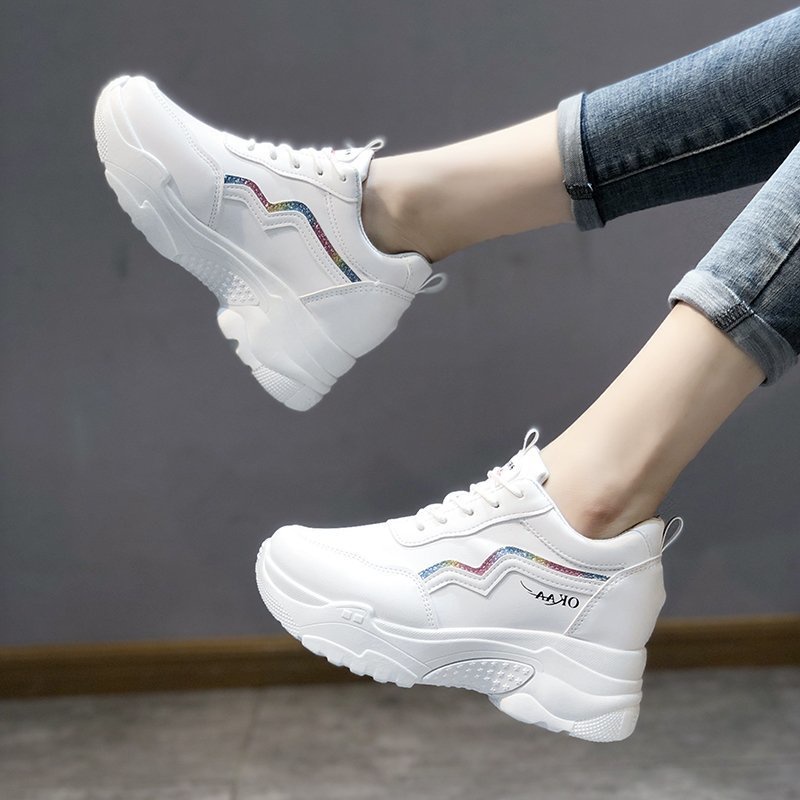 Giày Da Nữ, Giày Sneaker Da Nữ G63 Màu Trắng Đẹp Độn Đế 7 Phân Tăng Chiều Cao Cho Học Sinh Sinh Viên