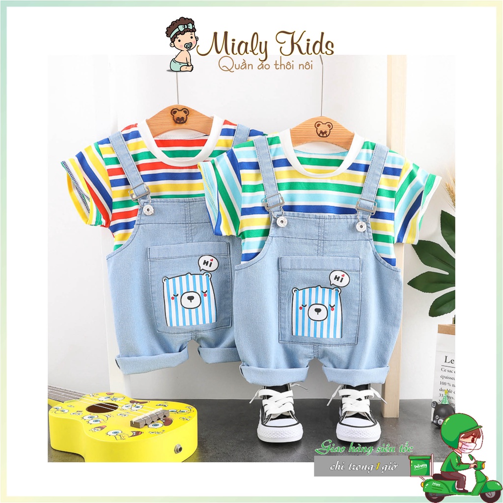Set Yếm Jean Denim Kèm Áo Thun Cho Bé Trai Bé Gái Từ 0-3 Tuổi, Bộ 2 Món Áo Thun Quần Yếm Họa Tiết Chú Gấu Ngộ Nghĩnh