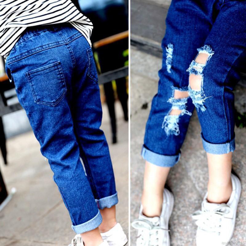 Quần Jeans Rách Lưng Thun Cho Bé Gái