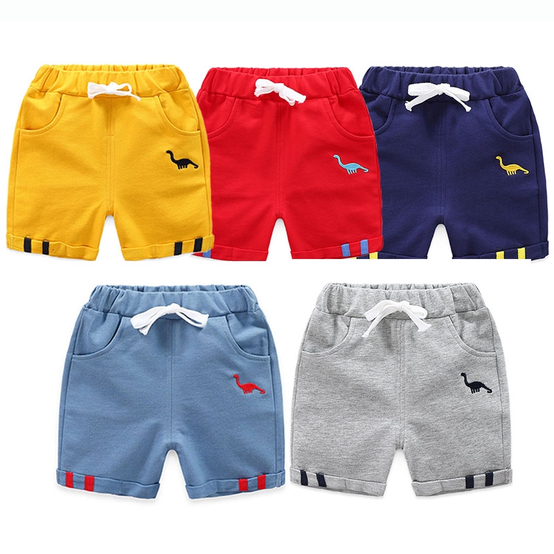 Quần Short Cotton Màu Trơn Họa Tiết Khủng Long Thời Trang Mùa Hè 5 Màu Tùy Chọn Cho Bé Trai Và Gái
