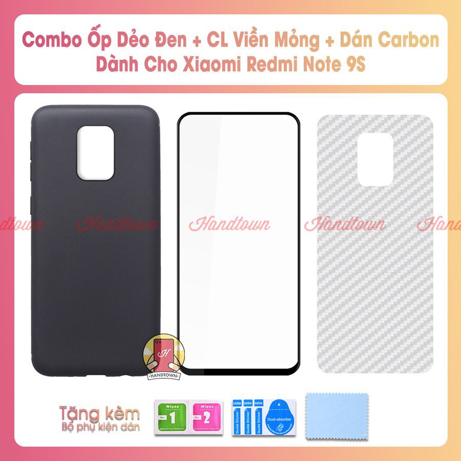 Combo Ốp Dẻo Đen, Cường Lực Viền Mỏng, Dán Cacbon Dành Cho Xiaomi Redmi Note 9S