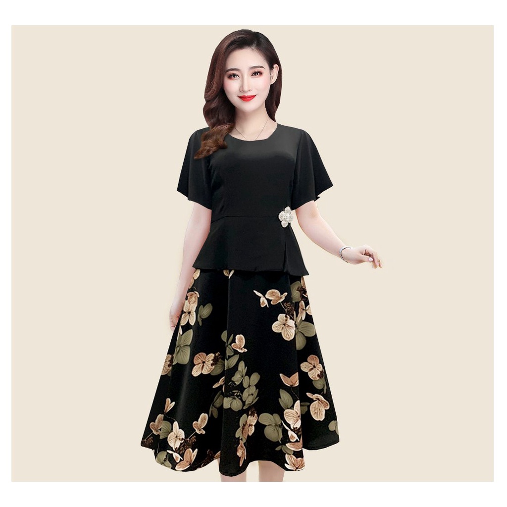 Đầm Dự Tiệc Trung Niên Cao Cấp Dáng Xòe Hoa Lụa Bigsize Cho Mẹ U40-U50 3337 3330