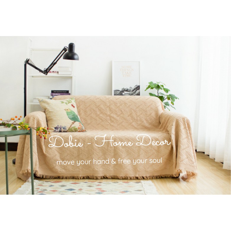[CÓ SẴN] Chăn thảm phủ ghế sofa đan len tua rua phong cách BOHEMIAN màu be họa tiết chéo