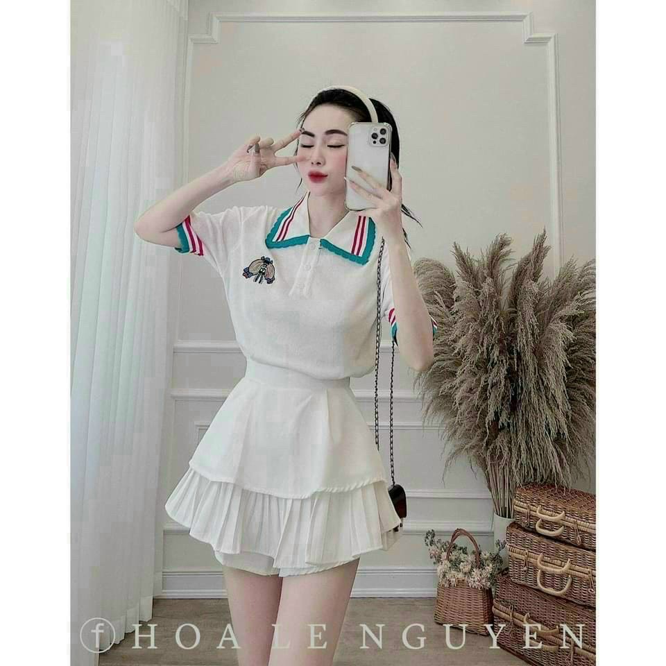 Áo polo cổ bẻ viền màu len dệt kim quảng châu đính con ong bên ngực xinh CS95