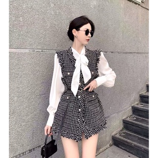 Set áo sơ mi & khoác gile dạ tweed kèm belt