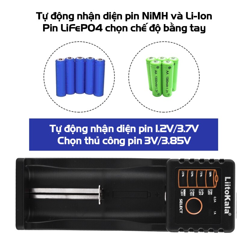 Bộ Sạc Pin Đa Năng LiitoKala Lii-100 Lii-100B Đầu USB Sạc Pin 1.2V/3.7V/3V/3.85V NiMH/Liion/LiFePo4