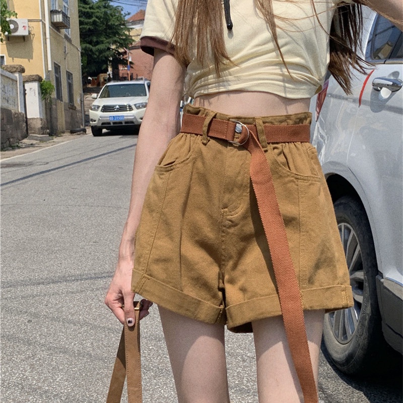 Quần Short Denim Lưng Cao Ống Rộng Phối Thắt Lưng Cá Tính Thời Trang Dành Cho Mùa Hè