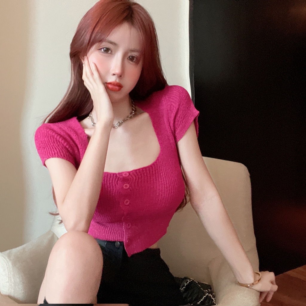 【Hana and Alice】Áo Thun Cardigan Dệt Kim Cổ Vuông Tay Ngắn Lưng Cao Thiết Kế Quyến Rũ