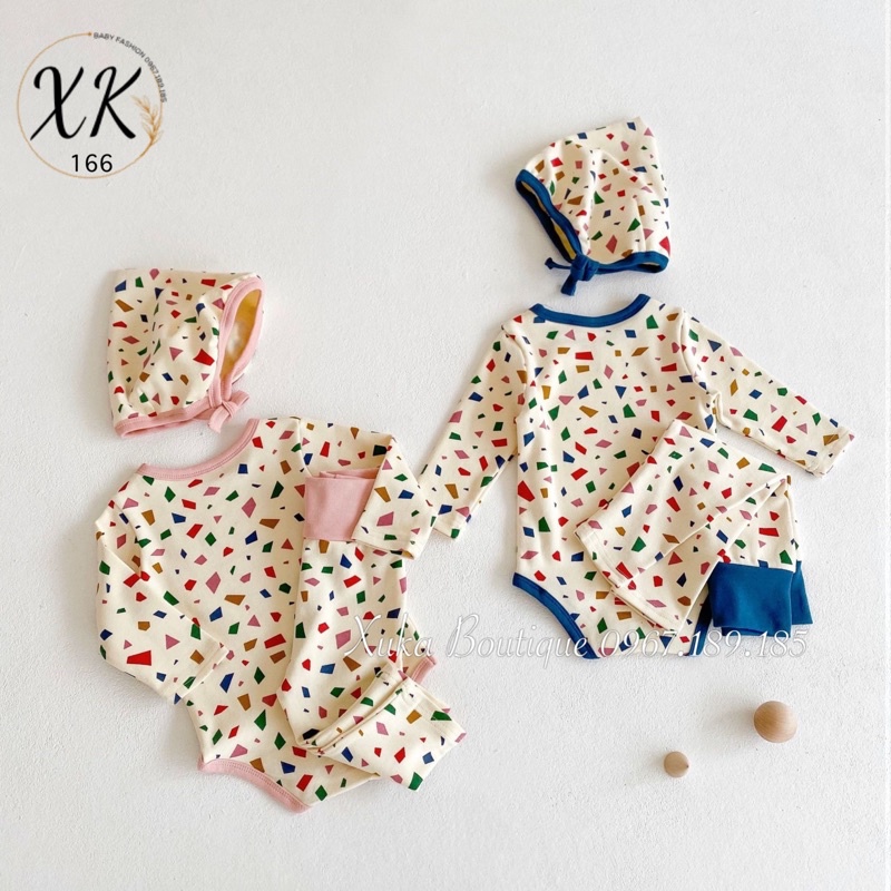 Bodysuit Kèm Quần Kèm Mũ Cotton Dài Tay - Xuka Boutique - Quần Áo Trẻ Em Phong Cách Hàn Quốc