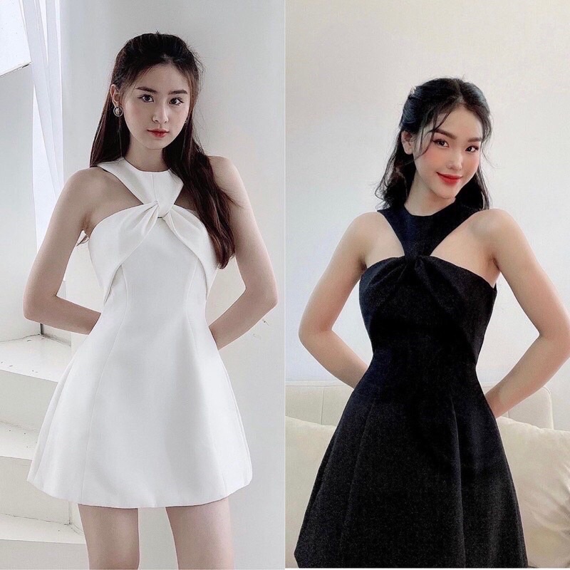 [Ảnh thật/Video]Váy nữ cổ yếm xoắn ngực dáng chữ A tiểu thư bánh bèo thời trang nữ Summer Đầm hở vai ngọt ngào