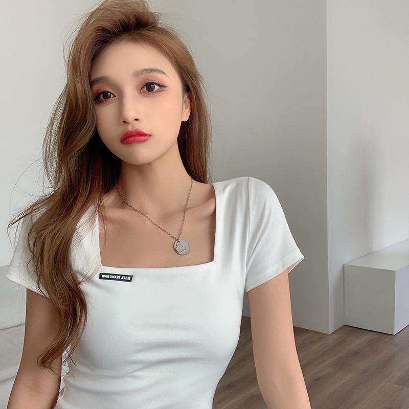 Áo Croptop Nữ Cổ Vuông Tay Ngắn In Logo,ÁoThun Nữ Dáng Ngắn Ôm Body Tôn Dáng Cực Xinh