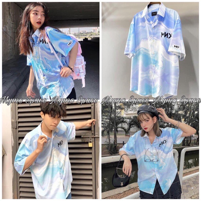 Áo sơ mi loang màu xanh bầu trời in chữ oversize unisex