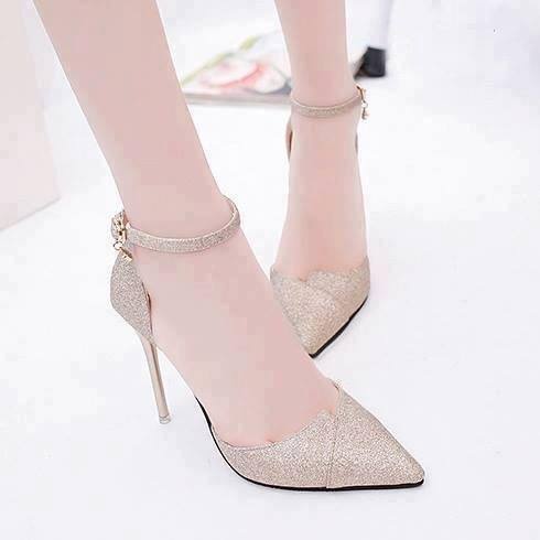 Giày gót nhọn 7 phân kim tuyến da mềm