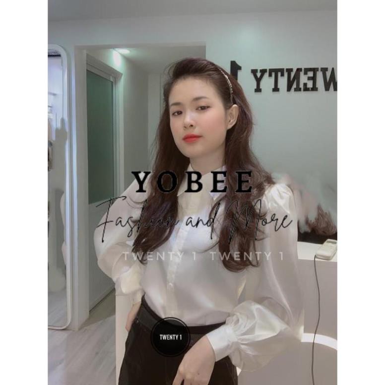 Áo Sơ Mi Trắng Nữ Lụa Bóng .Áo Sơmi Công Sở Cổ Bẻ Tay Bồng Dài Tay