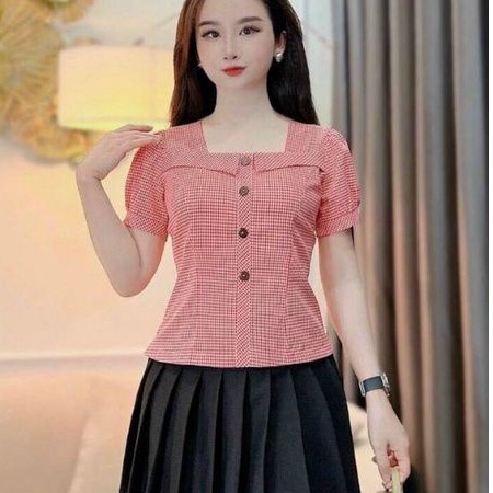 Áo Caro Nhỏ Ngắn Tay Cổ Bèo Đính Cúc D486