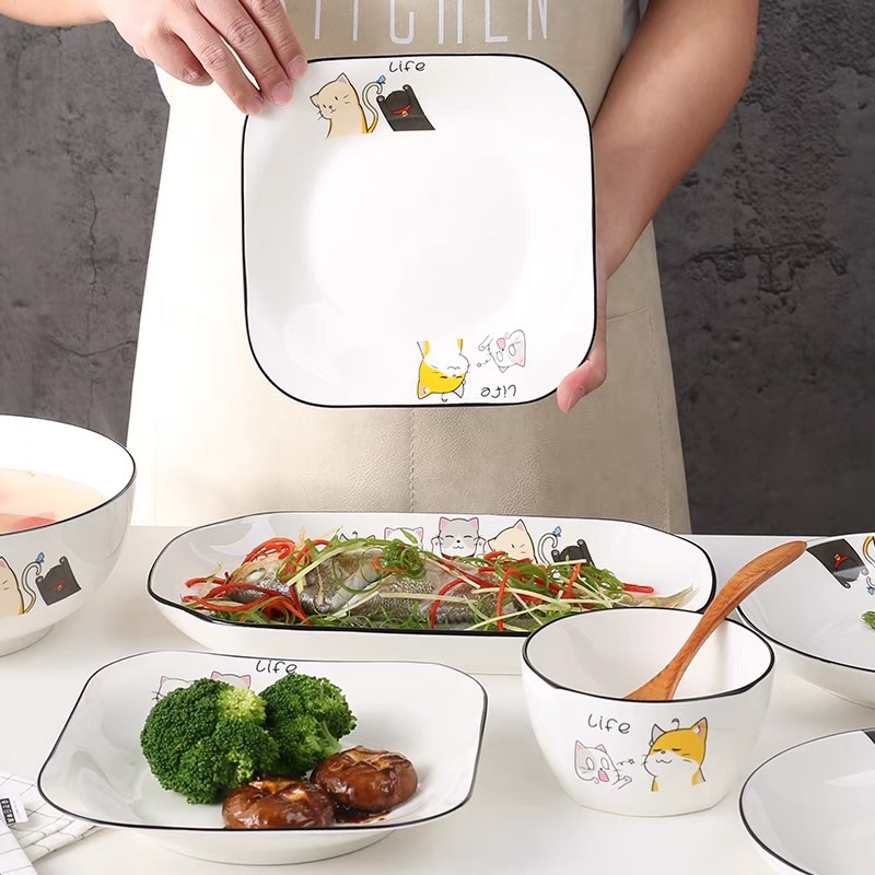 Bộ đĩa sứ hình mèo dễ thương, đĩa sứ phong cách Bắc Âu sẵn đĩa vuông