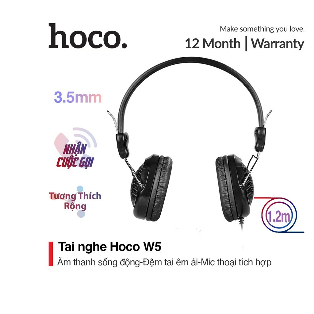 Tai nghe chụp tai Hoco W5 chống tiếng ồn tích hợp mic thoại tương thích với các sản phẩm iOS &amp; Android