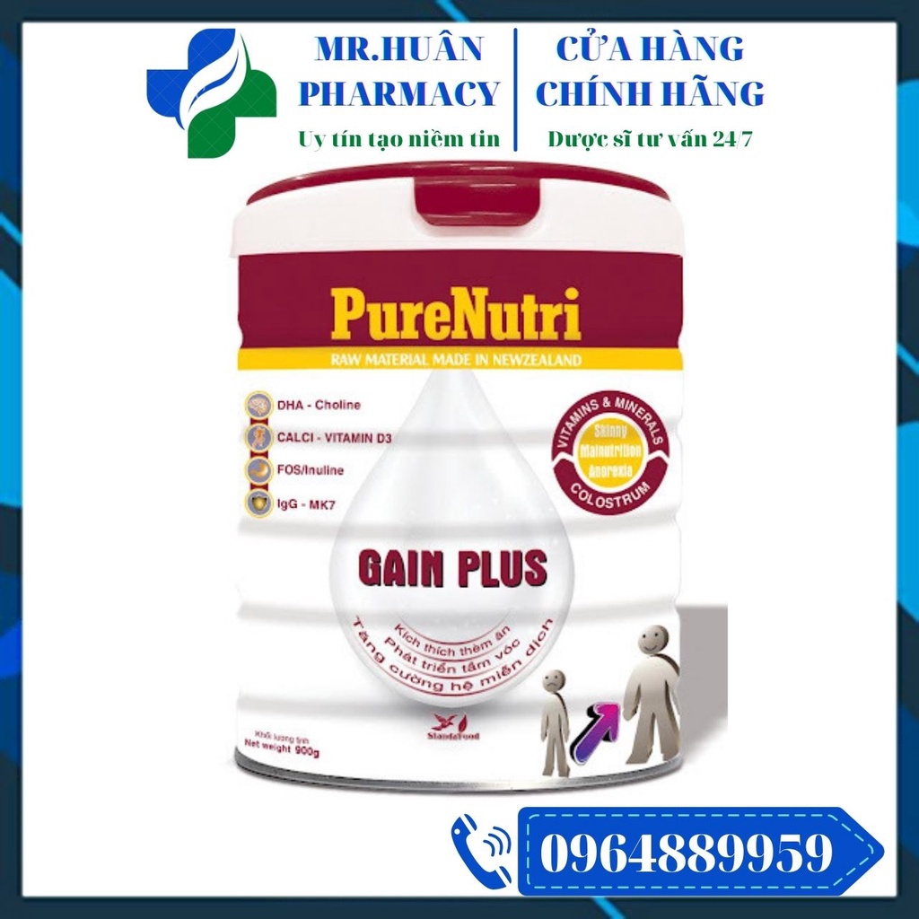 Sữa bột PureNutri Gain Plus 900g - Kích thích thèm ăn, phát triển tầm vóc, tăng cường miễn dịch