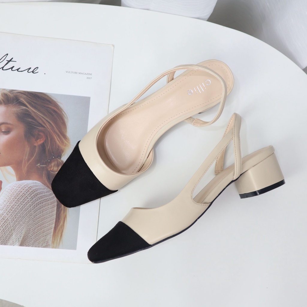Giày Sandal Nữ Cillie Slingback Mũi Vuông Phối Nỉ Gót Vuông Cao 5p 1114