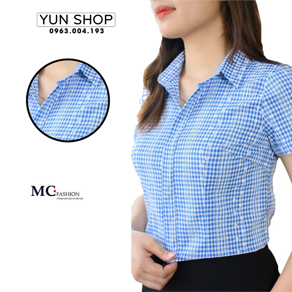 Áo Sơ Mi Nữ,Áo Cộc Ngắn Tay A671 Chuẩn Hãng MC Fashion Họa Tiết Kẻ Nhiều Màu Kẻ Tím, Kẻ Xanh Đậm,Xanh Dương,Manh Mạ,Hồng