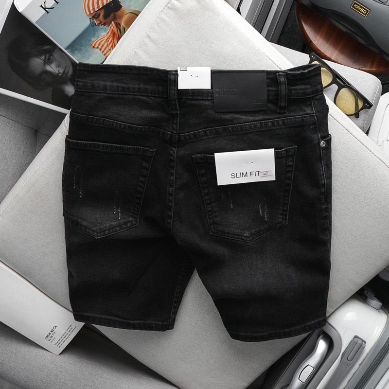 Quần short jean nam màu xám đen lửng slimfit co giãn suông