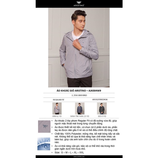 Áo khoác gió 2 lớp Aristino AJK004W9 có mũ liền, chun rút ở phần gấu áo, tay có miếng dính điều chỉnh
