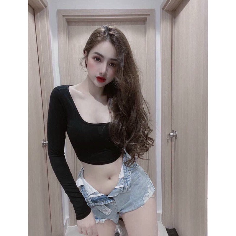 Áo thun croptop cổ U tay dài - Áo thun tay dài body thời trang