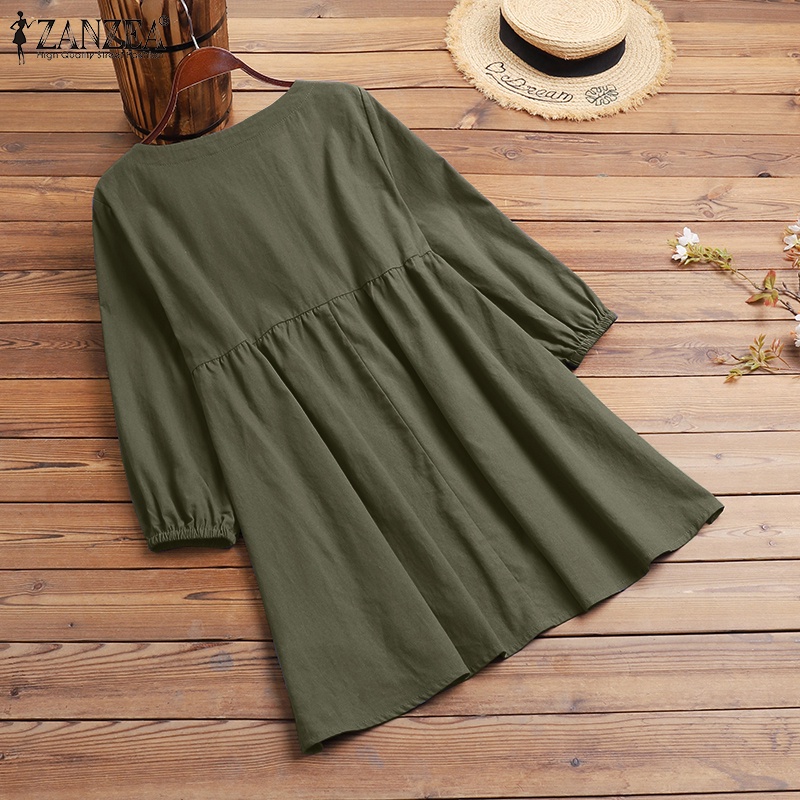 Áo ZANZEA tay phồng cổ chữ v màu trơn thời trang cho nữ