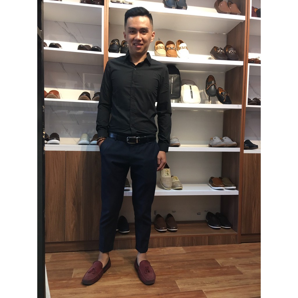 Áo sơ mi nam dài tay đen, vải lụa Thái không nhăn