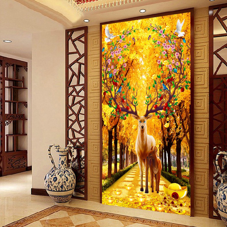 TRANH THÊU PHONG CẢNH HƯƠU NAI TÀI LỘC E85 (55X80)