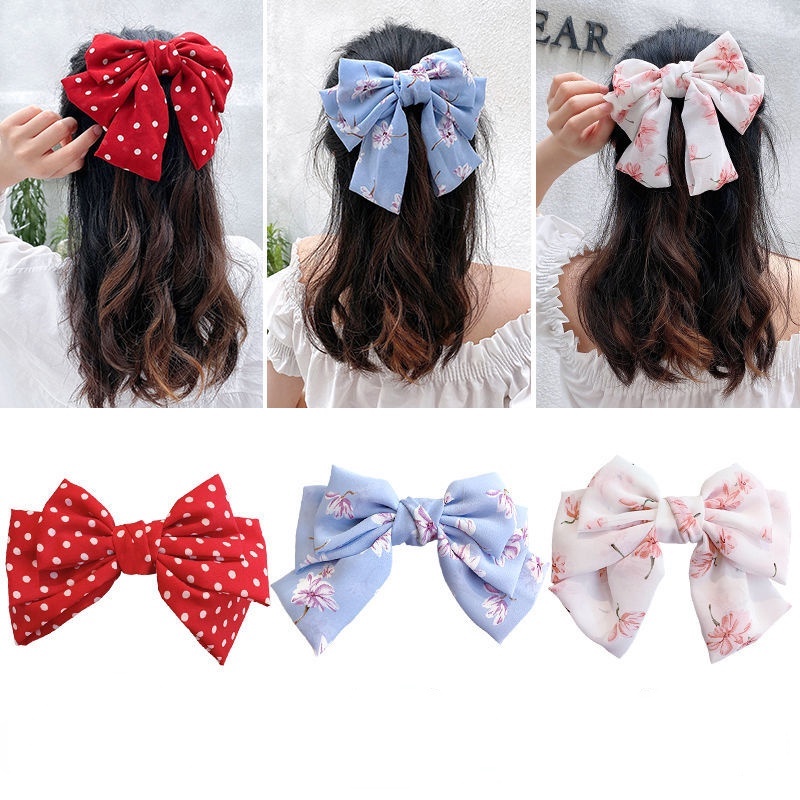 Kẹp tóc nơ lớn in họa tiết phong cách Hàn Quốc thời trang