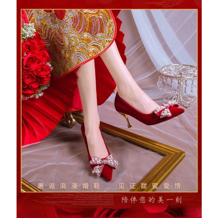 Giày Cao Gót Cô Dâu Màu Đỏ Pha Lê Phong Cách Thời Trang Mới 2022