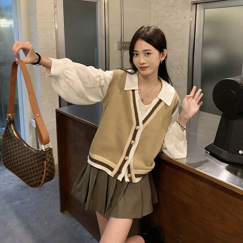 Set áo khoác ghi lê dệt kim + áo sơ mi tay dài thời trang cho nữ