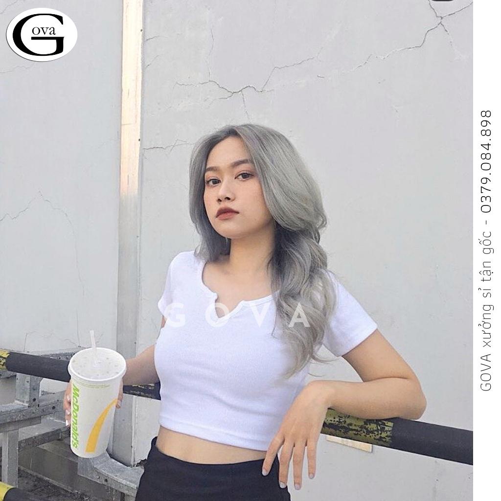 Áo Croptop CỔ KHOÉT CHỮ V TAY NGẮN Thun Cotton Kiểu Sexy Nữ, Áo Thun Ôm Body Đẹp GOVA