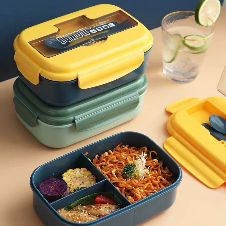 Hộp cơm giữ nhiệt văn phòng 2 ngăn 1100ml tặng kèm dĩa thìa tiện lợi quay nóng trong lò vi sóng an toàn vệ sinh tẩy rửa