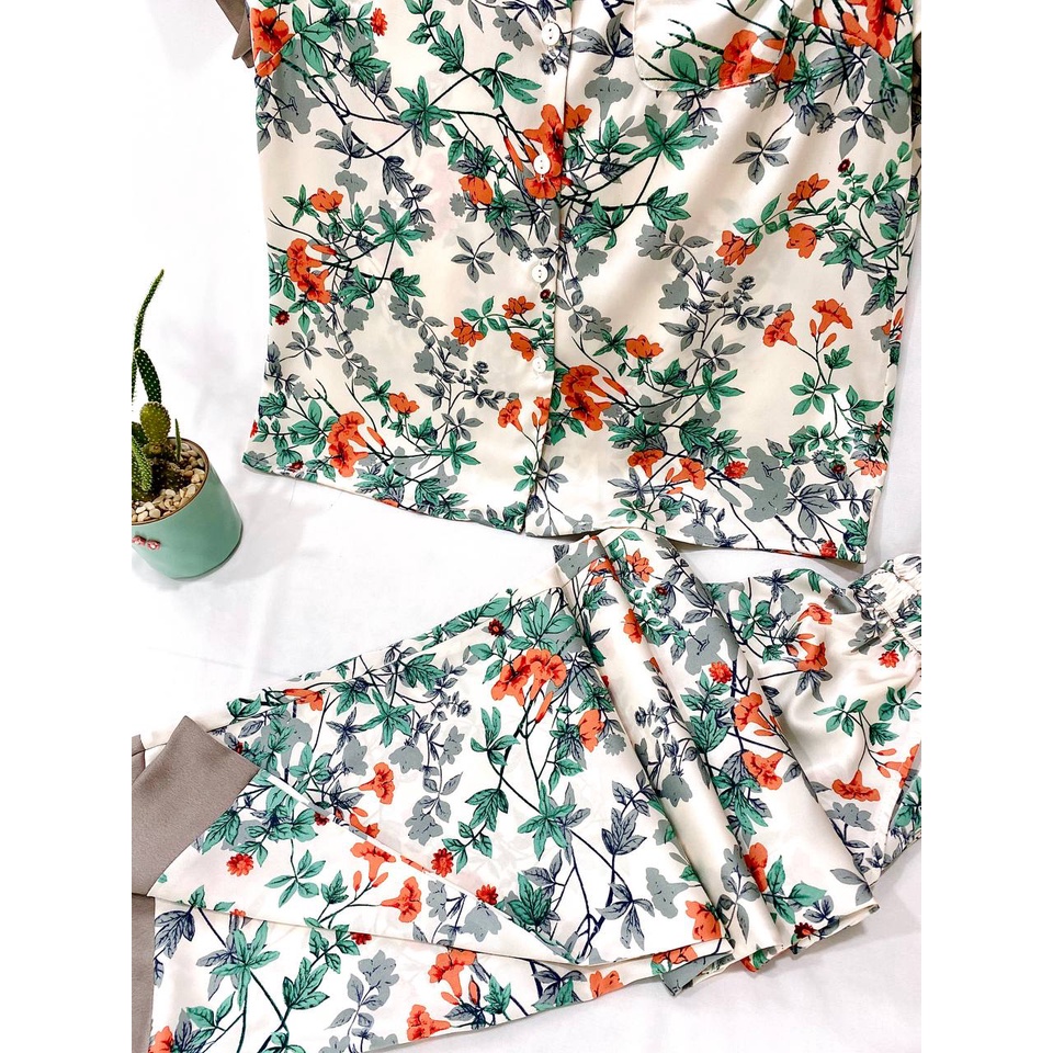 Bộ đồ ngủ lụa Nhật Japan Silk loại áo cộc quần dài tay họa tiết hoa sơn sang trọng , tươi mát