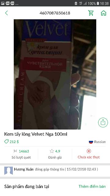 Kem Tẩy Lông Velvet 100ml