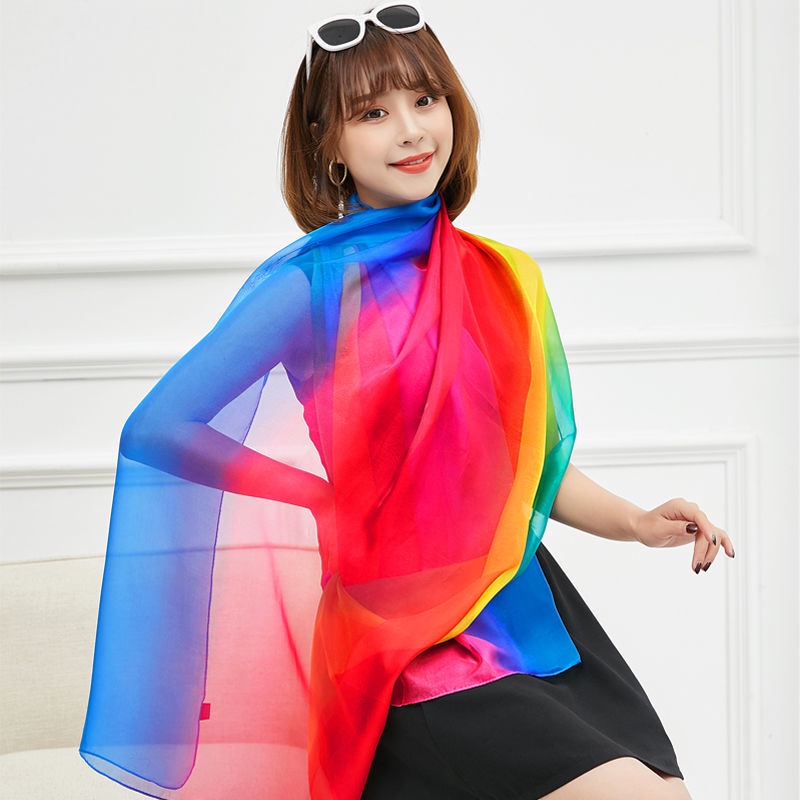Khăn Choàng Chiffon Lụa Màu Gradient Cầu Vồng Chống Nắng Mùa Thu Đông Dễ Phối Đồ Cho Nữ