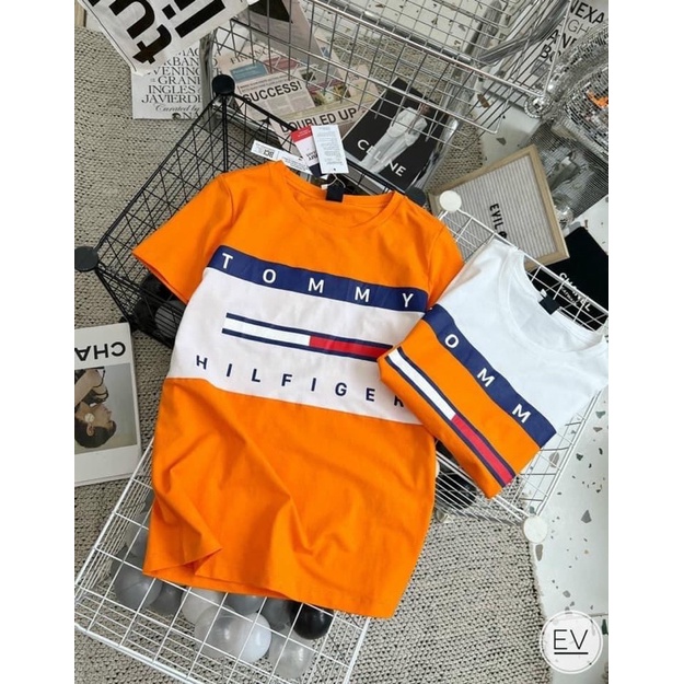 Áo phông phối cam trắng chất cotton cho nữ