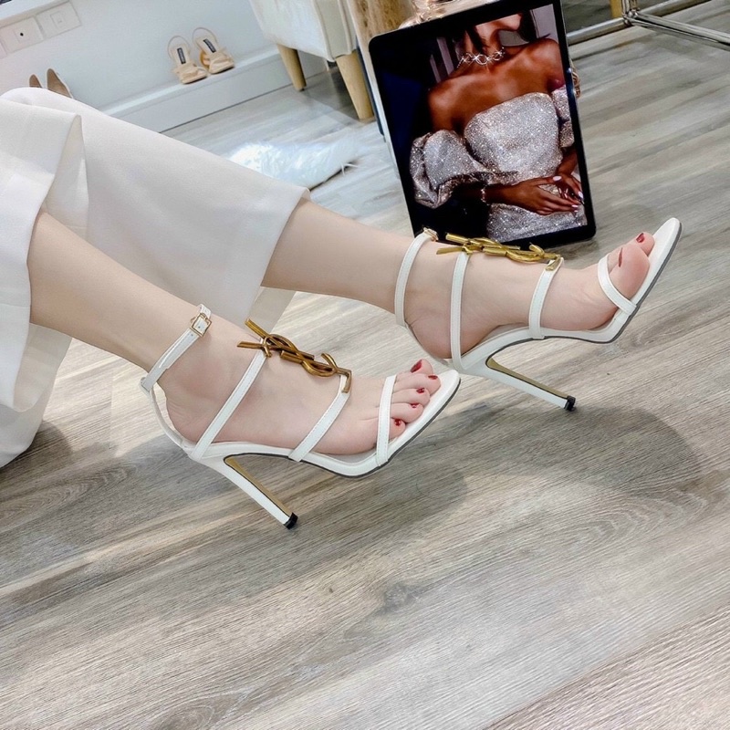 Sandal gót nhọn quai chữ vàng đồng fullbox