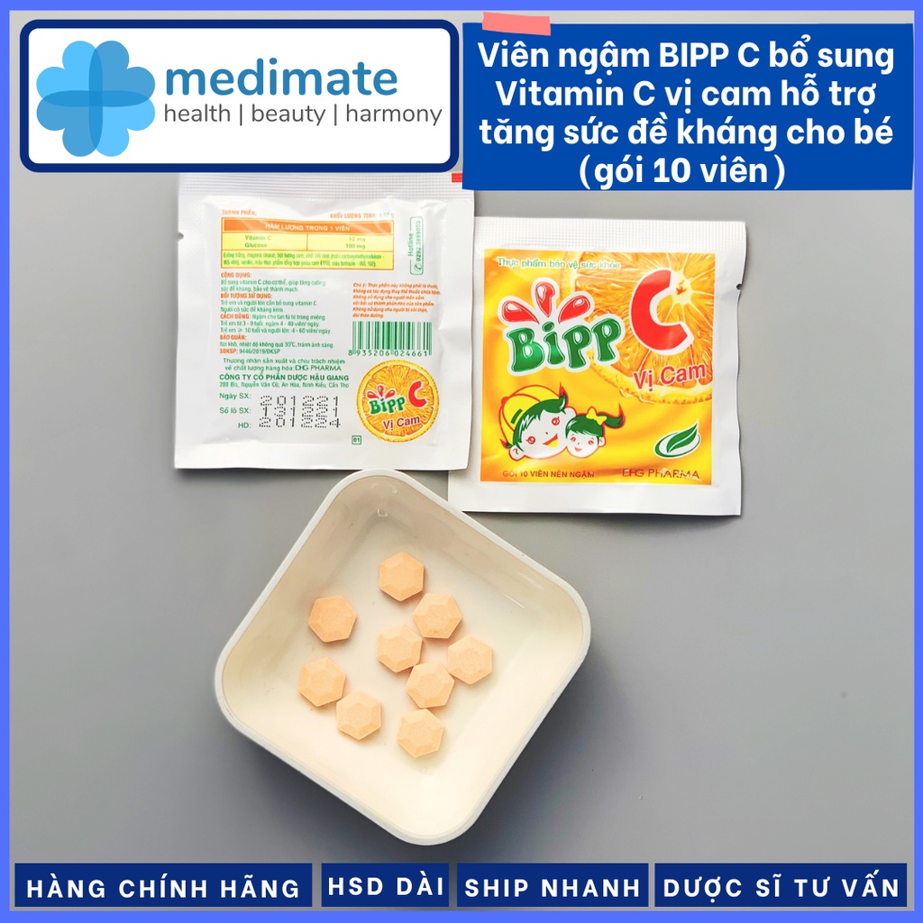 Kẹo ngậm Bipp C vị cam bổ sung Vitamin C tăng cường sức đề kháng cho bé (Gói 10 viên)