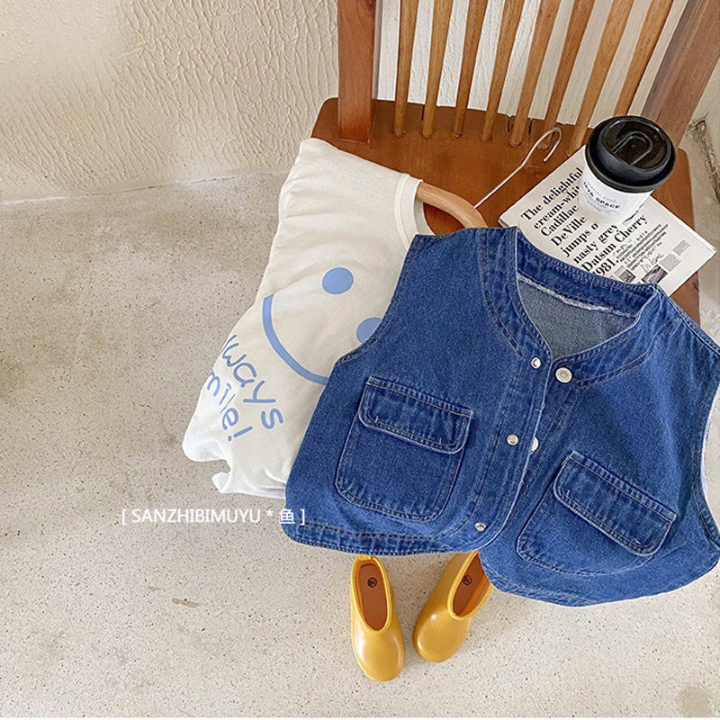 Áo Khoác Denim Không Tay Phong Cách Thời Trang Nhật Hàn Mới 2022 Dành Cho Bé Trai Gái
