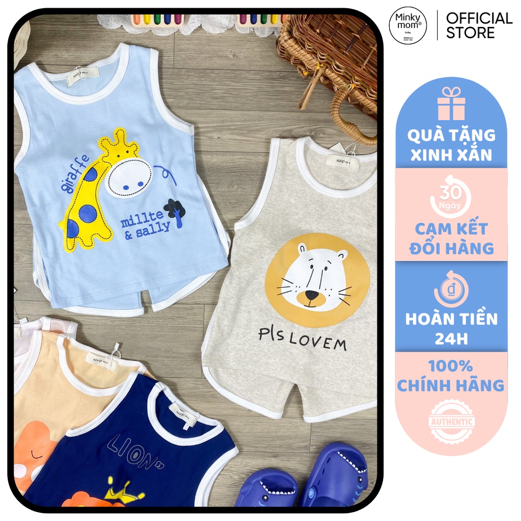 [SALE] Bộ Ba Lỗ Bé Gái, Bé Trai Minky Mom Vải Cotton Borip Động Vật Cổ Viền, Áo Thun 3 Lỗ Cho Bé Mặc Hè MKM3LO2202