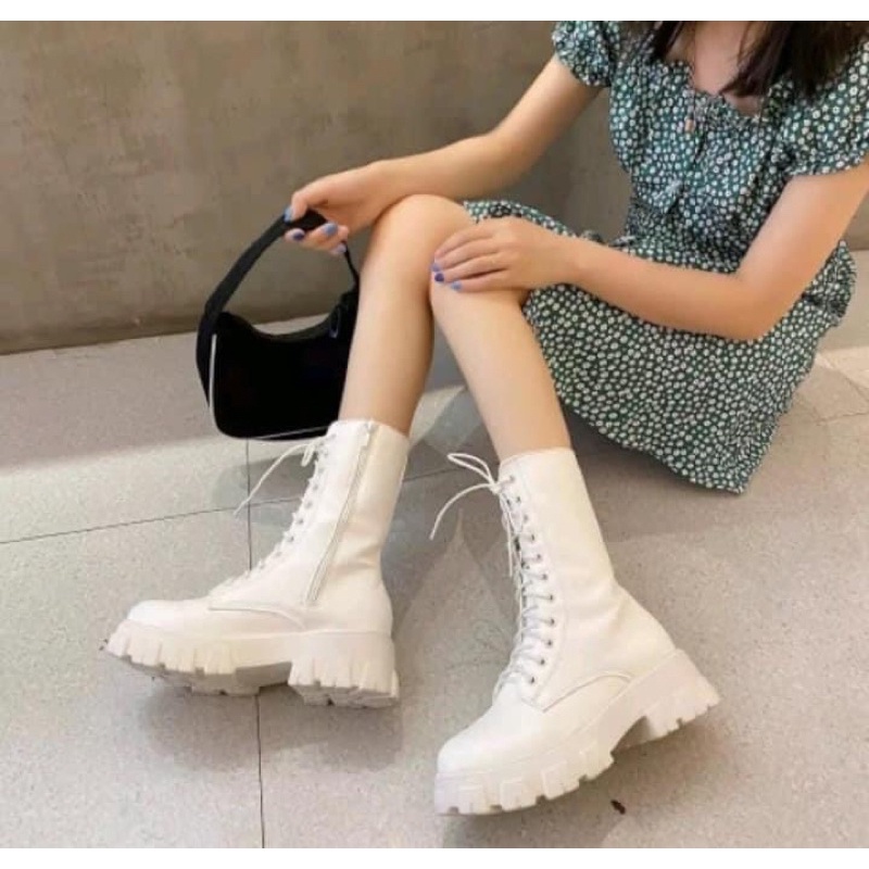 Giày bốt nữ cổ cao buộc dây cổ lửng có khoá kéo ulzzang