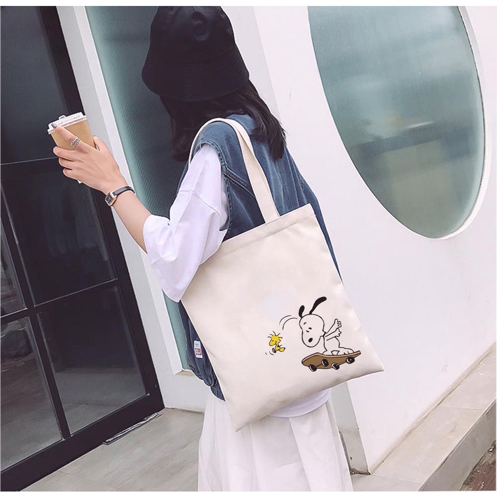 Túi tote vải mộc GINKO dây kéo in hình Snoopy and Friends M99